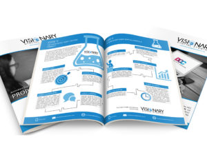 Open magazine showing infographic of video production, laying on top of two closed magazines with different covers.