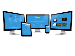 3 computer screens, iPad, and phone, all showing different views of the same website. Website is predominantly blue, with white text.